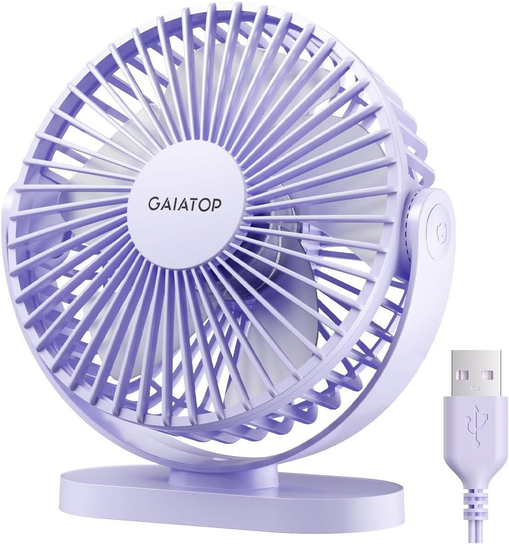 Gaiatop USB Desk Fan, 5.5 Inch Small Quiet Powerful 3 Speeds 90 Rotate, Personal Mini Portable Desktop Table Fans, Cooling for Home Office Car Travel Indoor Outdoor, Purple