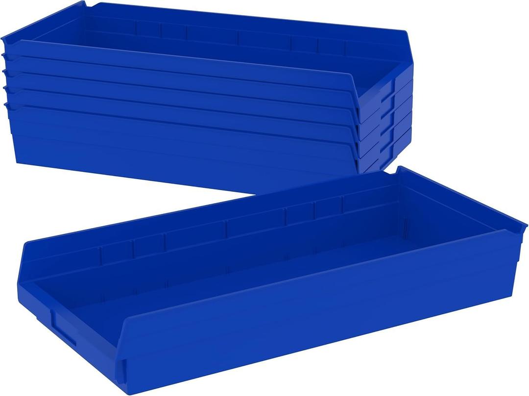 Akro-Mils 30174 Plastic Shelf Bins, Heavy Duty Storage Bins for Garage, Closet, and Drawer Organization, 24-Inch x 11-Inch x 4-Inch, Blue, 6-Pack