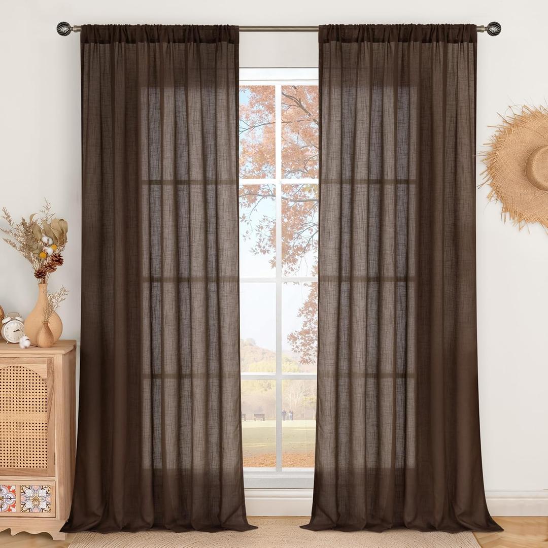 BGment Brown Linen Curtains 84 Inch Length 2 Panels for Living Room Windows, Chocolate Semi Sheer Drapes Textured with Rod Pocket for Farmhouse Bedroom Dining Decor Lightweight, Each 52 Inch Wide