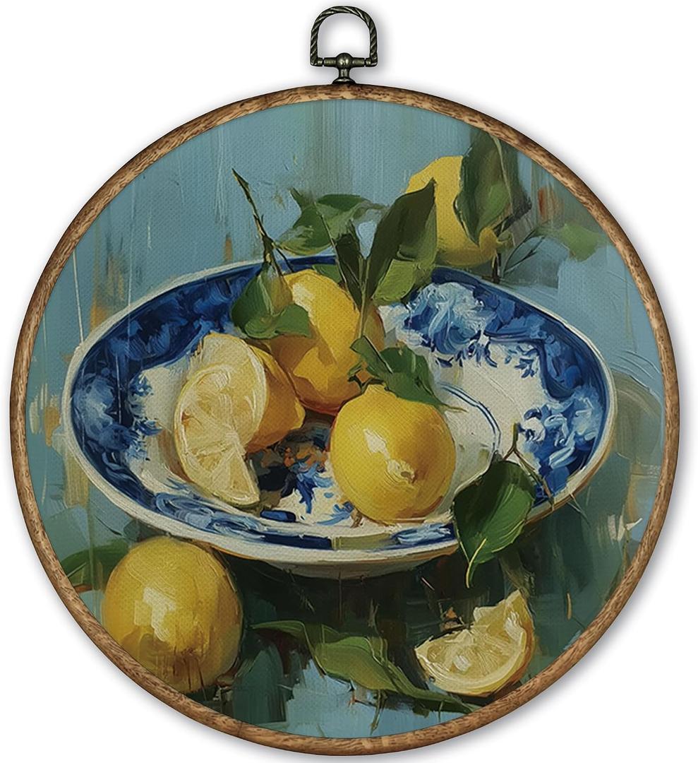 TLESKE Vintage Italian Lemon Kitchen Round Wall Art Decor Framed 10x10, Mediterranean Lemon Chinoiserie Bow Canvas Wall Art Prints Artwork, Summer Hanging Wall Picture Decor for Home Dining Room