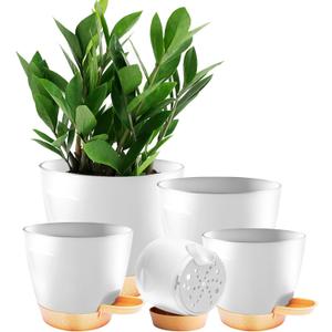 5-Pack Plant Pots with Drainage 7/6.5/6/5.5/5 Inch, Self Watering Pots for Indoor Plants, Planters for Indoor Outdoor Plants, Plastic Flower Pot, Planter for Indoor Outdoor (White)