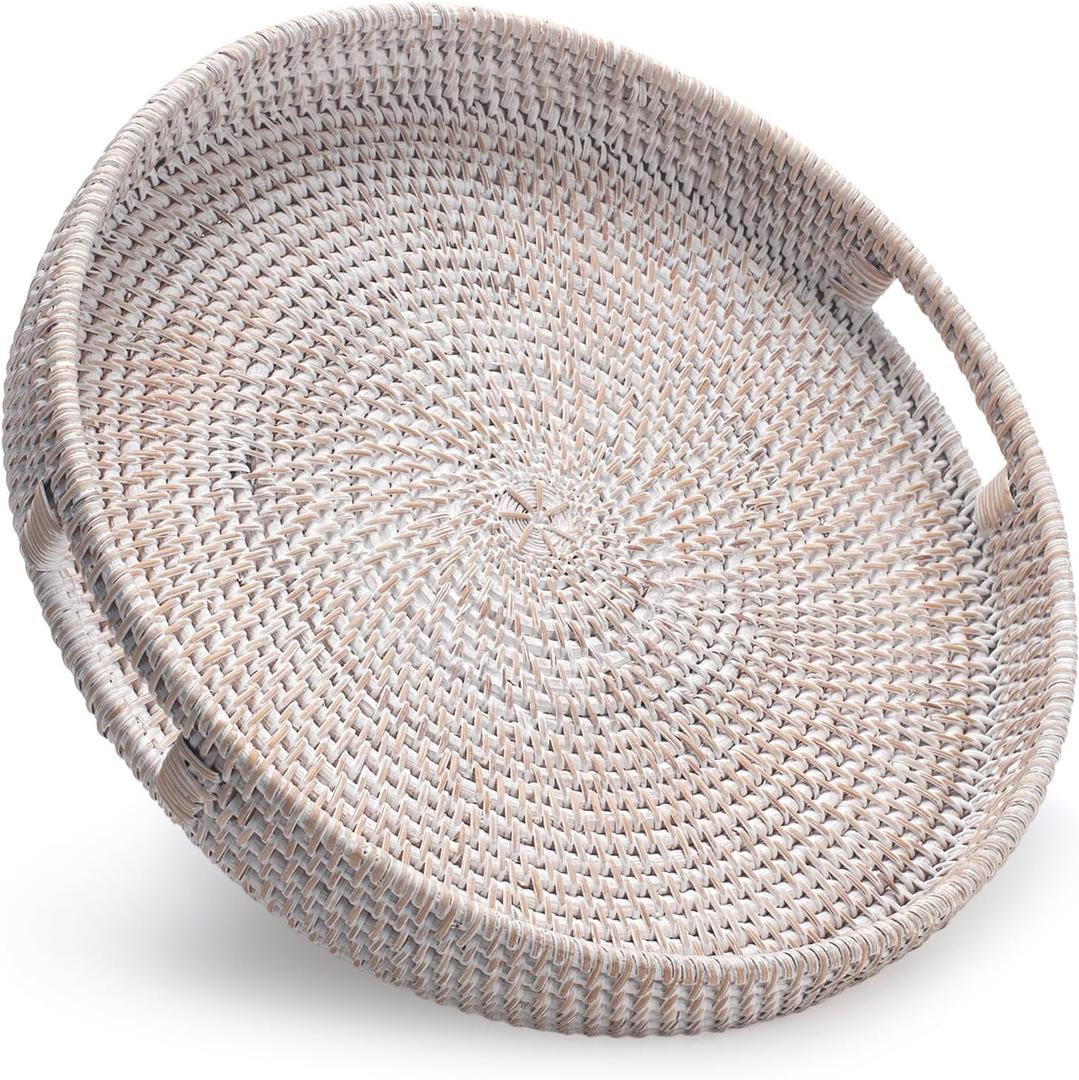 13.8 inch Round Rattan Tray, Decorative Coffee Table Tray, Ottoman Tray, Woven Serving Tray with Handles, Wicker Serving Basket, Whitewash