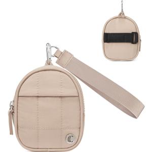 CLUCI Mini Backpack Keychain Wallet Small Change Quilted Coin Purse Cute Puffer Wristlet Pouch with 3 RFID Card Slots (Pale Camel)