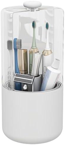 YOOLENS Toothbrush Holder with Cover 360 Rotating 4 Compartments Bathroom Toothpaste Electric Toothbrush Organizer, White