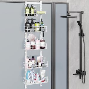 Orimade Over the Door Shower Caddy Adjustable 5 Tier Black,Bathroom Hanging Organizer Shelf Rustproof with 4 Hooks,Shower Basket with Soap Holder and Suction Cup, White