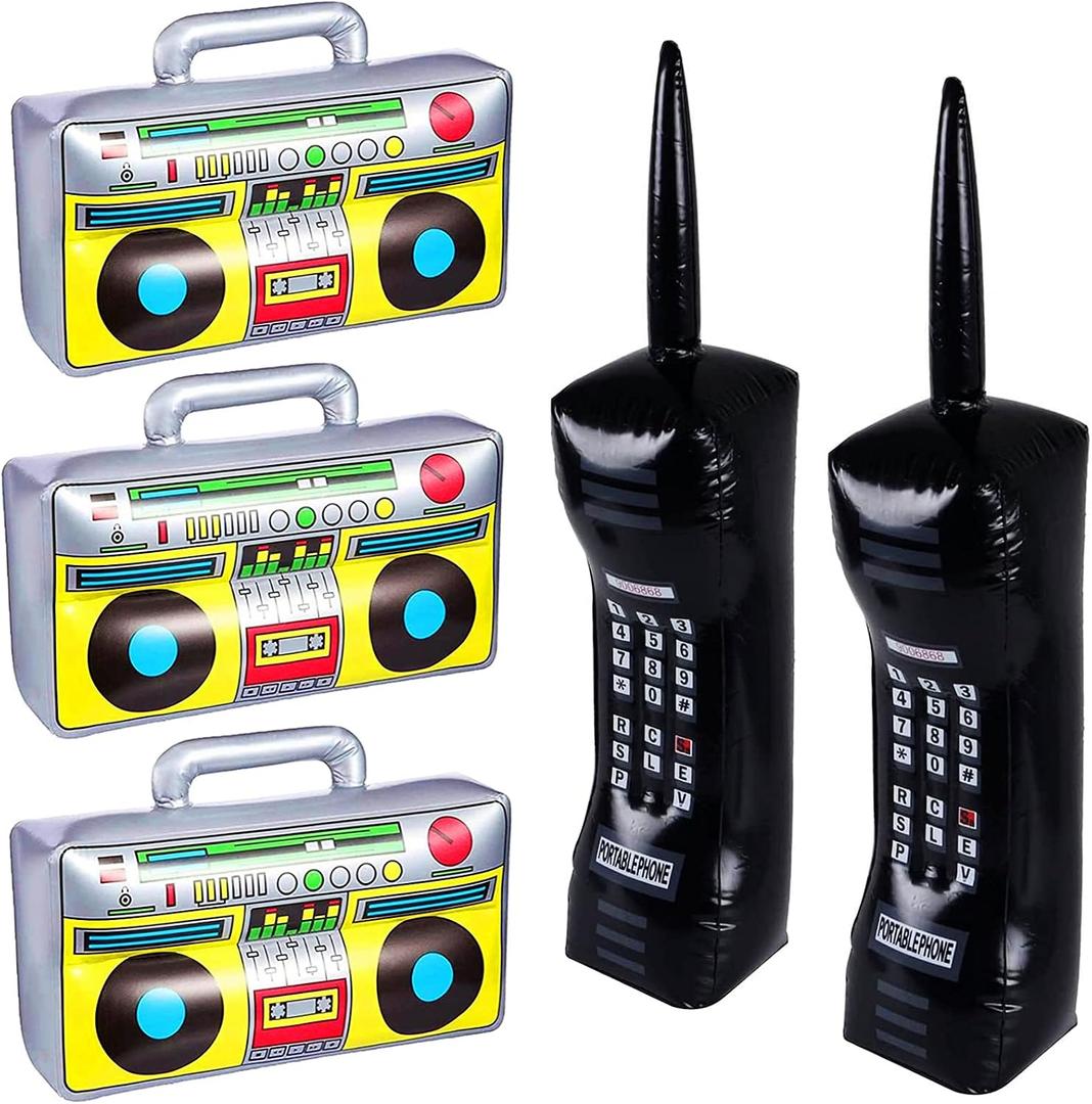 5 Pieces Inflatable Mobile Phone Props Inflatable Radio Boombox for 80s 90s Party Decorations Hip Hop Theme Party
