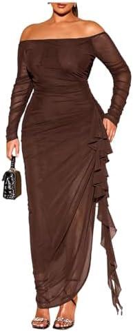 Floerns Women's Plus Size Off Shoulder Dress Mesh Long Sleeve Ruffle Trim Bodycon Maxi Dresses 4XL