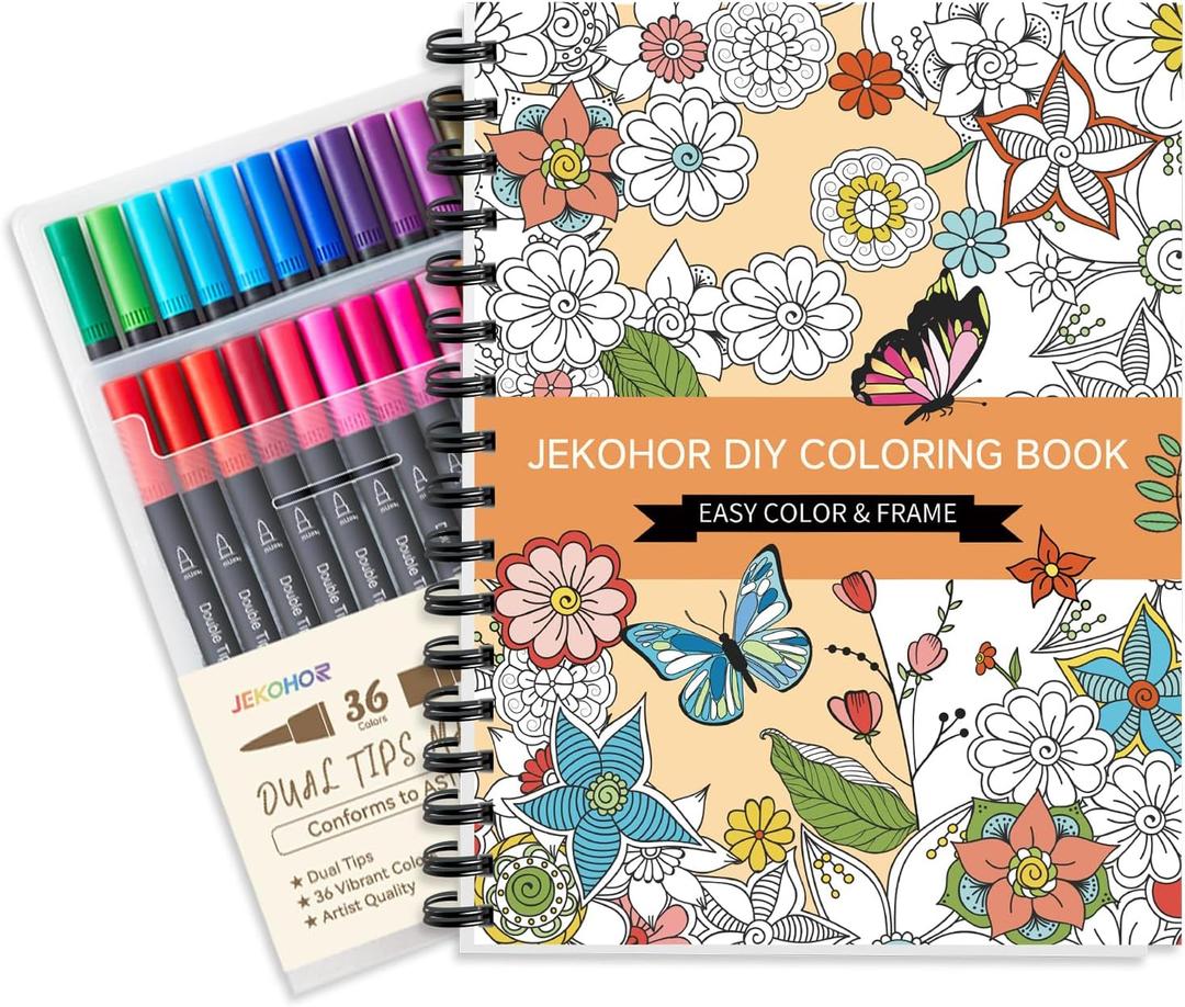 Adult Coloring Book Set,Spiral Bound Coloring Books for Adults Relaxation with 36 Colors Non-Toxic Markers, Anxiety Relief Gifts with 30 Patterns Included Mandala Animal Flowers
