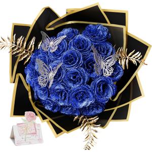 Glitter Roses - Royal Blue Glitter Rose Bouquet Shiny Everlasting Artificial Flowers for DIY Crafts Gifts Birthday Graduation Engagement Valentines Anniversary, 24 Roses