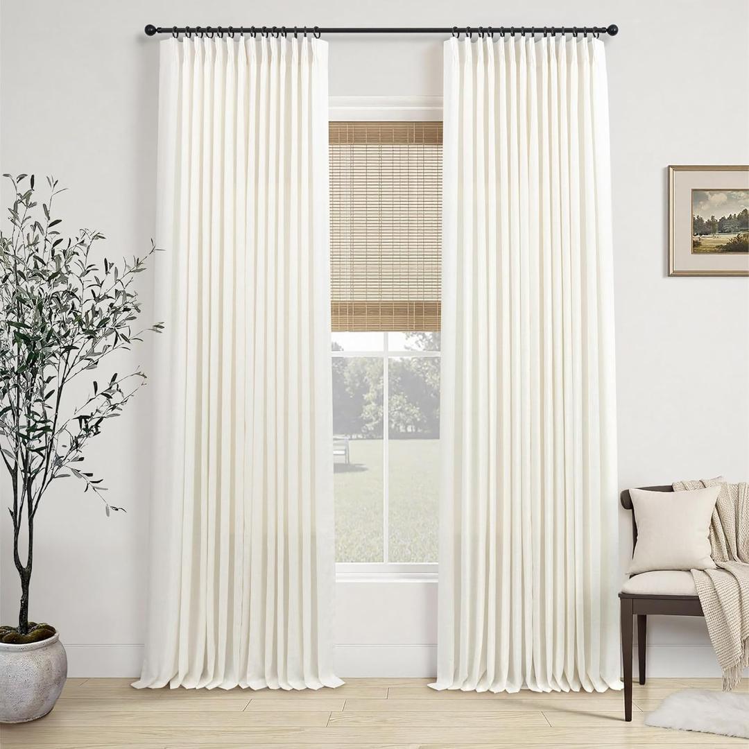 Pinch Pleated Natural Linen Curtains 104 Inches Long for Living Room Bedroom Patio Door Ceiling to Floor Custom Pleat with Hooks for Track Back Tab Light Filtering Drapes for Dining Room Cream Ivory