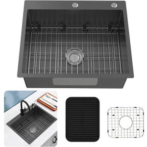 Black Kitchen Sink, Stainless Steel 27 x 22 Inch Drop In Sink Single Bowl Top Mount Sink Set - Sink Grid, Silicone Mat And Drain Assembly For Modern Kitchen And Bar Stylish and Functional