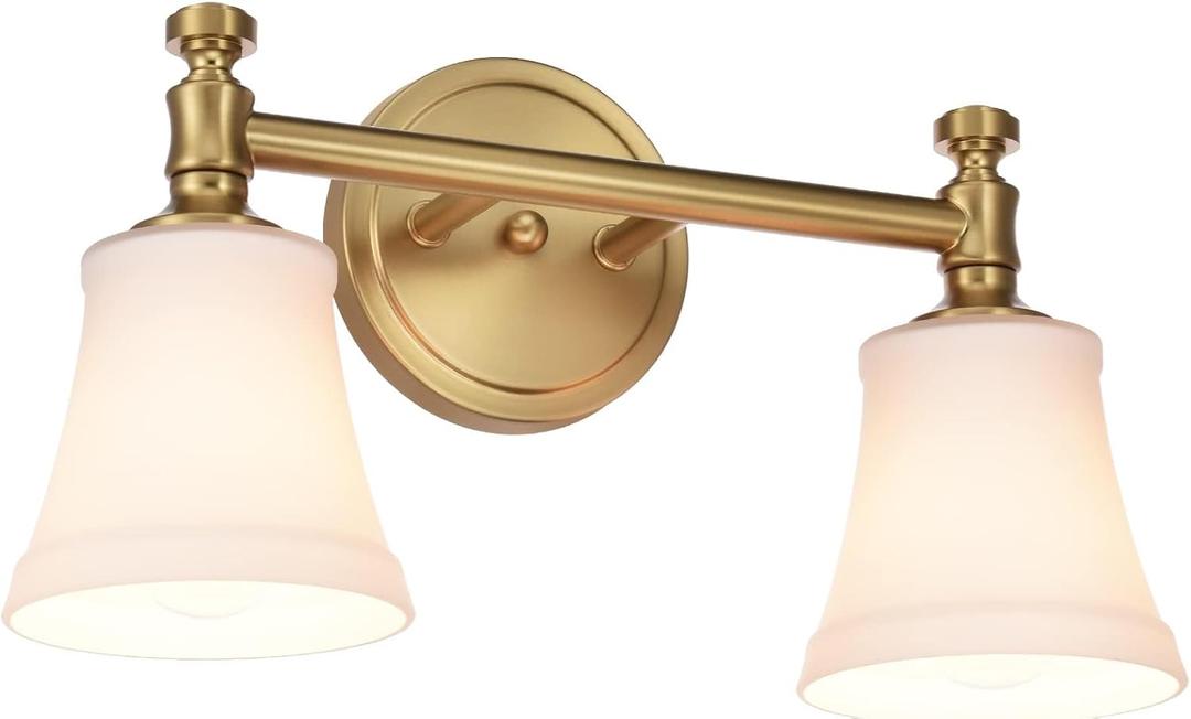 Gold Bathroom Vanity Light Fixtures, Traditional Aged Brass 2 Lights Wall Sconce Lighting with Opal Glass Shade, Porch Wall Mount Light Fixture for Bathroom, Mirror Cabinets Hallway Stairs