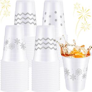 Jingmore 60 Pcs Winter Plastic Cups Bulk 16 oz Snowflake Disposable Winter Party Cups Stripes Polka Dots Drinks Cup for Christmas Holiday Birthday Baby Shower Party Supplies(White Silver,Snowflake)