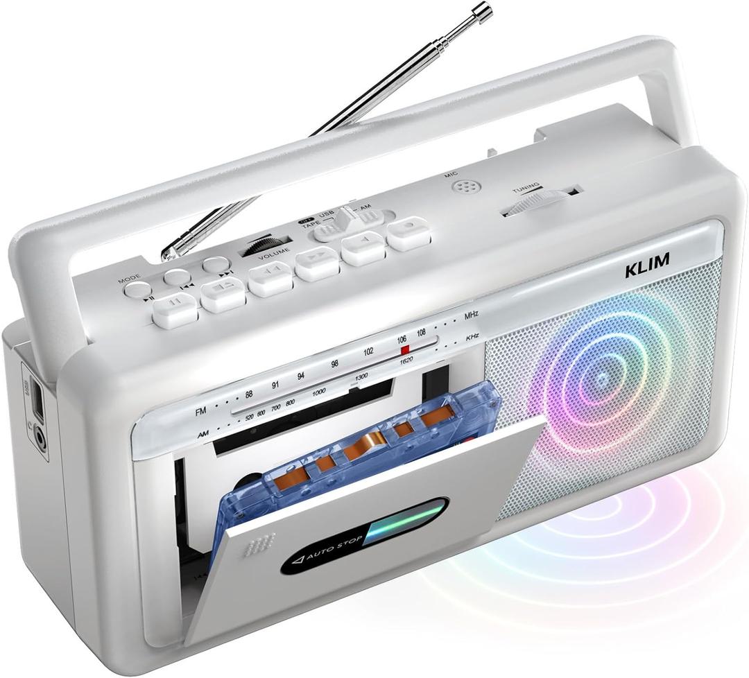 KLIM Portable Cassette Player & Tape Recorder  Boombox with AM/FM Radio, USB, Bluetooth, Speaker, and Earphone Jack  Battery and AC Operated - Frost White