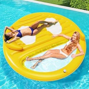 Inflatable Tanning Pool Lounger Float, Lake Floats for Adults - 71" X 71" Large Pool Floats with Headrest and Cup Holder Sunbathing Pool Lounge Raft Floatie Toys Water Filled Bed Mat Pad﻿(Yellow)