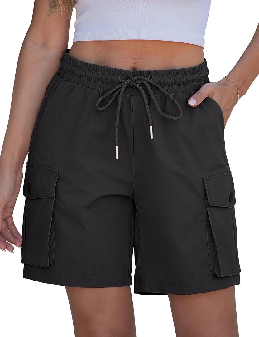 luvamia Hiking Shorts for Women High Waisted Pull On Cargo Casual Golf Water Resistant 7 Inch Inseam Mid Thigh Shorts (Black, XXL)