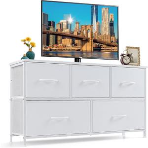 5-Drawer Dresser for Bedroom, Anti-Tip Wide Storage Organizer Fabric
Chest of Drawers TV Stand for 45" TV with Wooden Top and Metal Frame for Closet, Living Room, Hallway, Entryway, White