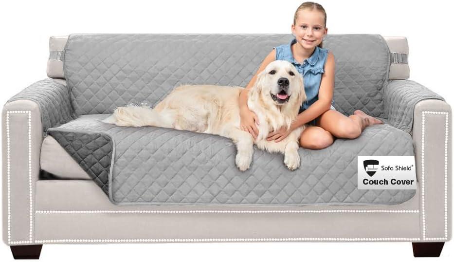 Sofa Shield Couch Slip Cover with Patented Strap, Cushion Protector, US Designed Reversible Stain and Dog Tear Resistant Slipcover, 62 inch Seat, Washable Covers for Dogs Pets, Light Gray Charcoal