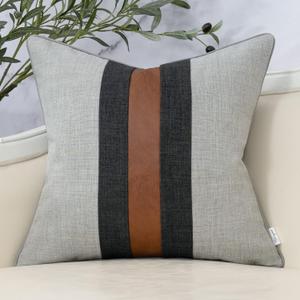 Yangest Patchwork Pillow Cover 20x20 Inch Luxury Cotton and Linen Cushion Cover Faux Leather Pillowcover for Couch Bedroom Living Room, Gray
