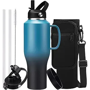 40 oz Insulated Cup with Handle - Stainless Steel Water Bottles & Auto Chug  Carrier Pouch, Water Metal Coffee Tumblers Metal Flask, Fits in Cup Holder Leak Proof, Keep Cold 48h