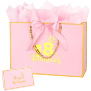 Dimetey 12.6Inch 18th Birthday Gift Bag with Tissue Paper for Girl's 18th Birthday Supplies (Pink 18th)