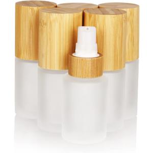 COSIDEA 6 pcs Empty 1oz / 30ml bamboo lids Frosted glass bottle with lotion pump dispenser, refillable emulsion cosmetic cream bottles, toiletries refill travel container