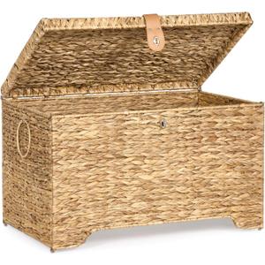 Handwoven Storage Basket with Lid, 165L Wicker Storage Bin, Natural Water Hyacinth, Leather Buckle & Metal Frame, Metal Ring Handles for Easy Transport, Storage Chest & Trunk for Bedroom, Living Room