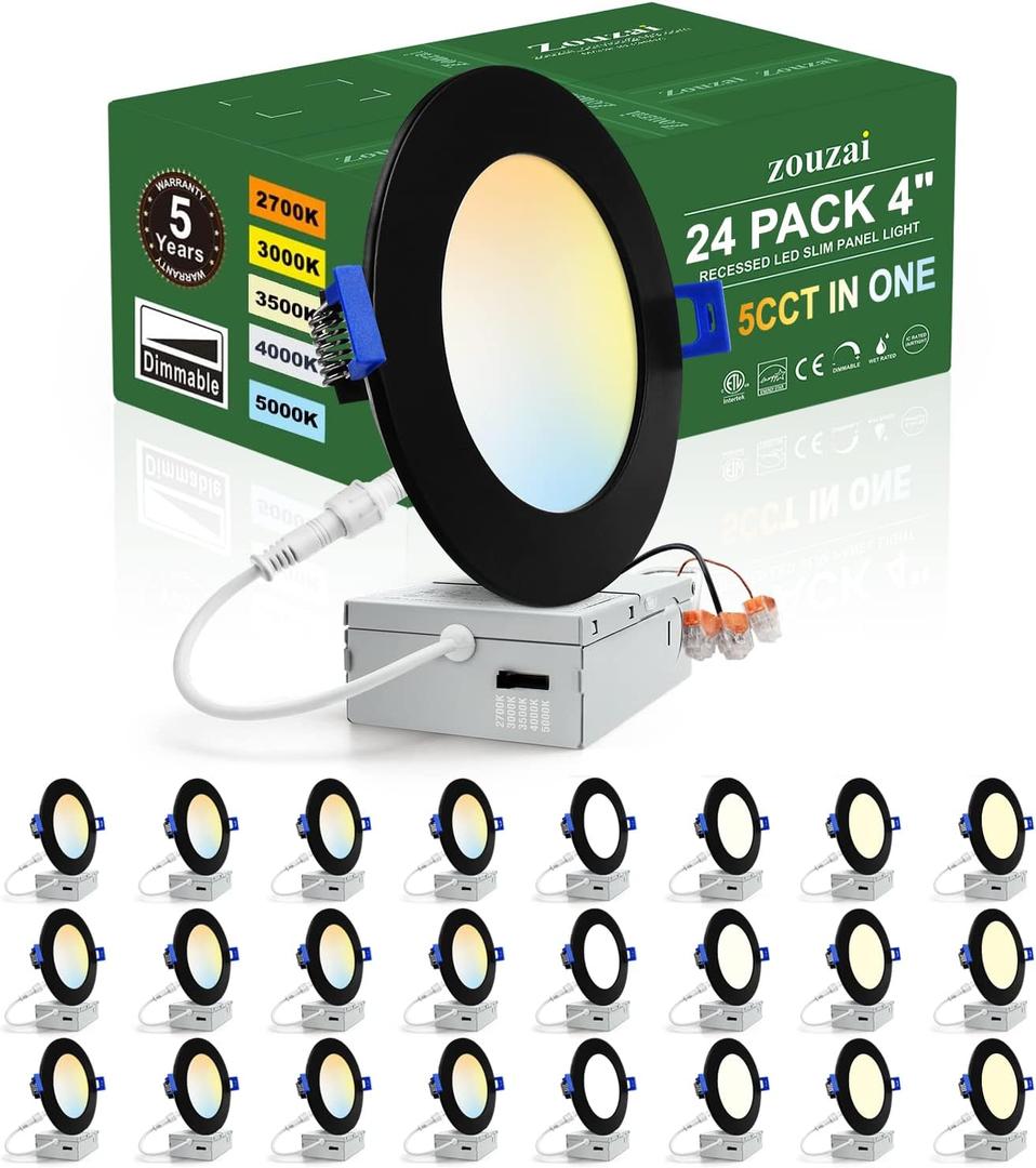 zouzai 24 Pack 4 Inch Black 5CCT Selectable Ultra-Thin LED Recessed Ceiling Light with Junction Box,9W Eqv 80W, Dimmable, led can Lights - ETL and Energy Star Certified