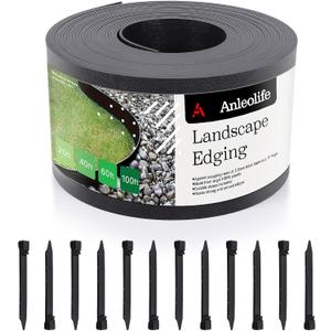 A ANLEOLIFE 100FT Flexible Plastic Landscape Edging Coil, 5" Black Garden Border for Yard, Flower Beds & Pathways, Anti-UV, 30 Stakes for Easy Install