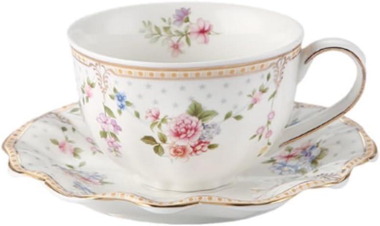 6 oz Vintage flower Ceramic cup and 6" saucer set with Brand customized stainless steel spoon Gifts for Afternoon Tea Coffee Hour(C)