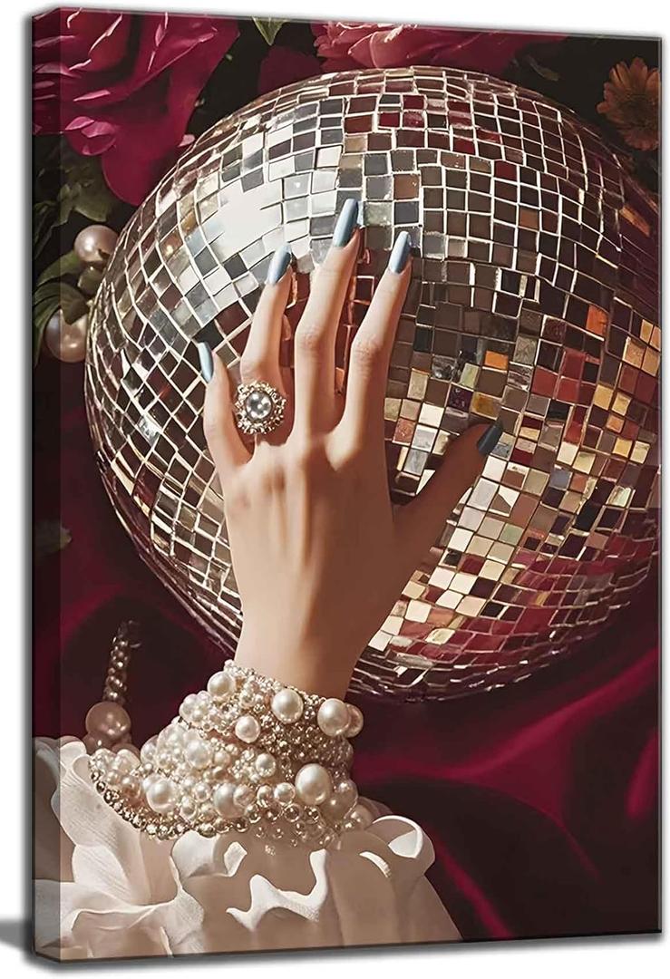Retro Disco Ball Canvas Wall Art Victorian Funky Woman Fashion Girl Wall Decor Pictures Vintage Hand With Pearl Bracelets painting Posters Prints for Living Room kitchen bathroom Bedroom Decoration (10"L x 8"W)