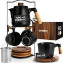 MIAMIO  34 Oz Ceramic Tea Pot Set with Infuser and Cups/Tea Strainer, 4 Ceramic Tea Mugs (10 Oz), Bamboo Saucers/Handle for Home and Office (Black)