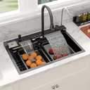 Sarlai Waterfall Kitchen Sink - 30 Inch Drop In Workstation Sink With Waterfall Black Stainless Steel 16 Gauge Multifunction Single Bowl Smart Top Mount Kitchen Sinks with Mechanical Keys 30x19 Inch