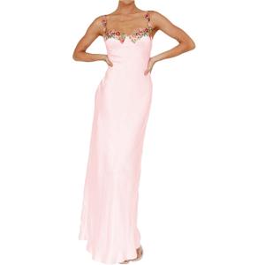 Sexy Satin Spaghetti Strap Floral Embroidered Maxi Dress for Women Sweetheart Neckline Backless Sleeveless Slit Midi Dress Small