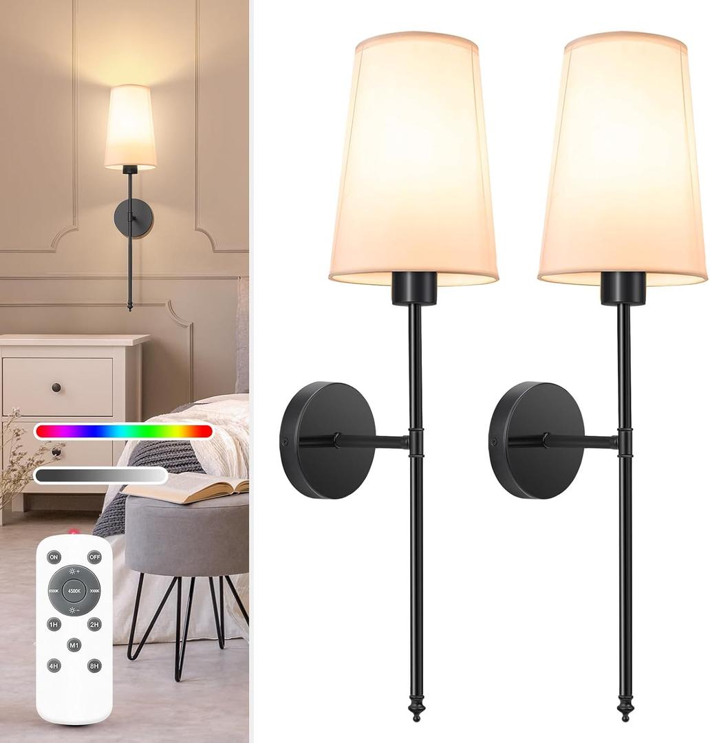 NIORSUN Black Battery Operated Wall Sconce Set of 2,Rechargeable Wall Lights with 5200mAh Dimmable Detachable Bulbs and Remote,9 Colors Wireless Sconces for Bedroom Living Room Hallway (27 inch, Black)