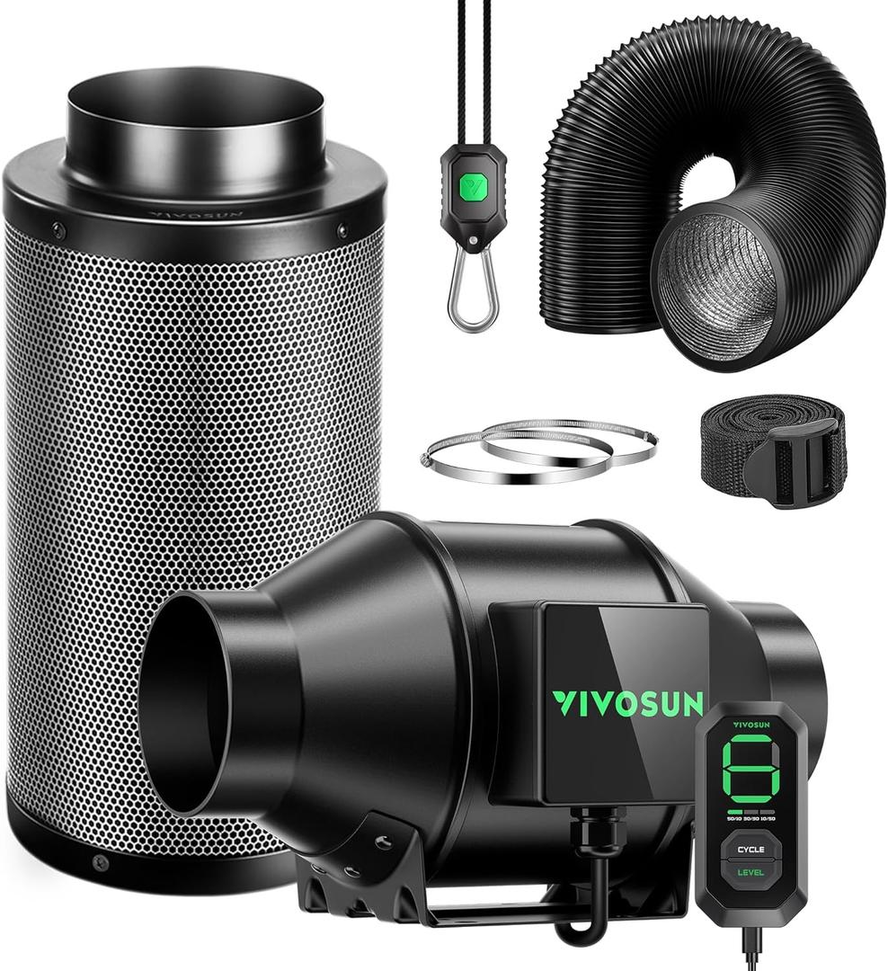 VIVOSUN Smart Air Filtration G4 Kit 4", AeroZesh G4 Inline Duct Fan with E12 Speed Controller, Carbon Filter & 8' Ducting, Cooling & Ventilation System for Grow Tents, Indoor Gardening, Hydroponics (Black+Green Blades)