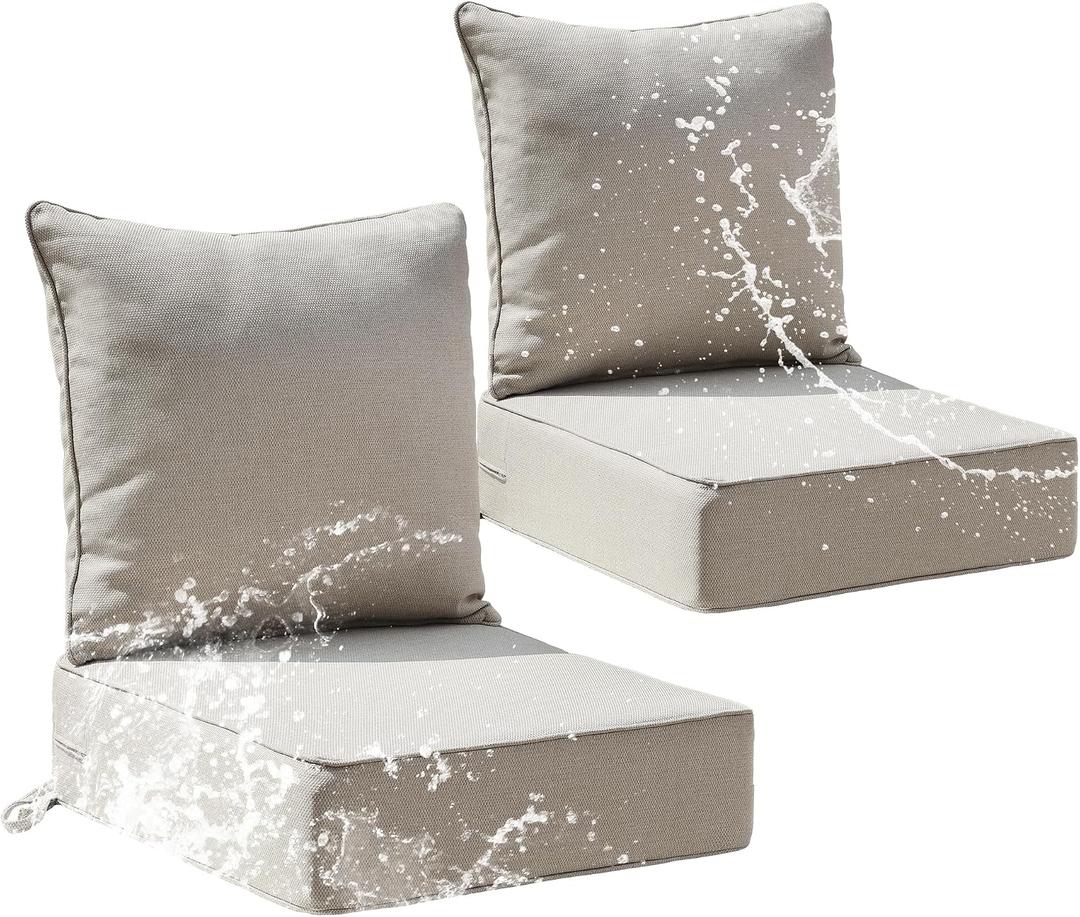 Patio Furniture Cushion Set, 24 x 24 x 6 Replacement Outdoor Chair Cushions for Patio Furniture with Removable Cover, Buckle straps, 30D High Density Sponge Filling Wicker Chair Cushion, Beige, 24x24x6 Inch | 2 Pack