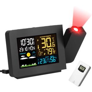 Projection Alarm Clock with Weather Station, Atomic Alarm Clocks for Bedrooms, Radio Control Clock with WWVB Function Dual Alarms Snooze Outdoor Wireless Temperature Humidity Sensor