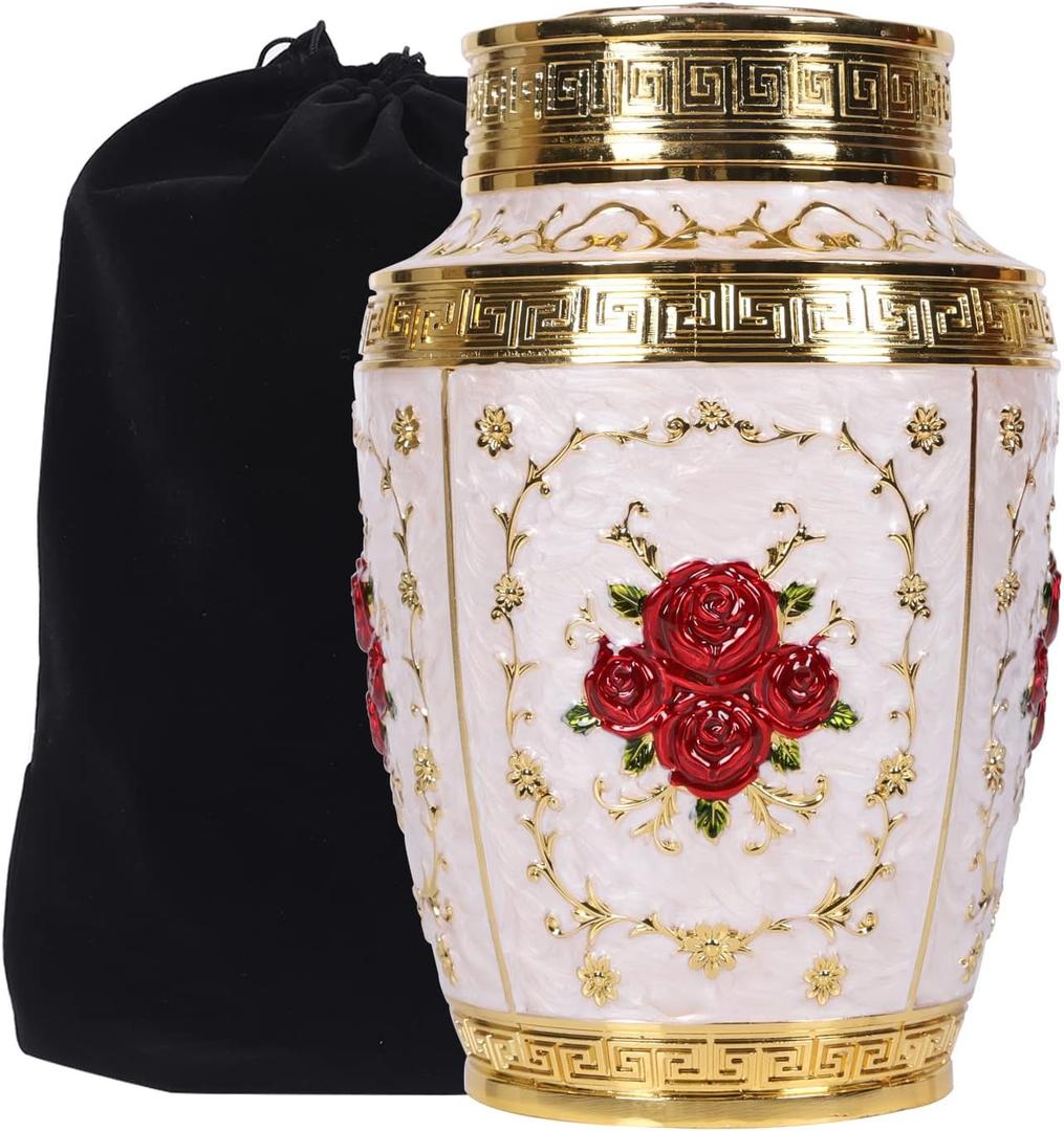 Urn for Human Ashes Adult Female - Rose Flower Cremation Urn Mom - Funeral Urn for Women Made of Zinc Alloy - Hold 200 Cubic inches of Ashes (Gold_Red)