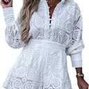 SOMTHRON Women's Summer Eyelet Lace Two Piece Outfits Long Sleeve Blouse Tops Shorts Floral Embroidery Set, Large