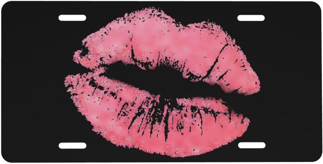 Vintage Kiss Pink Lips Aluminum License Plate Metal Car Front License Plate Cover Car Decor Accessory Novelty Vanity Decoration Tag with 4 Holes Gift for Men Women 6 x 12 Inch (One Size)