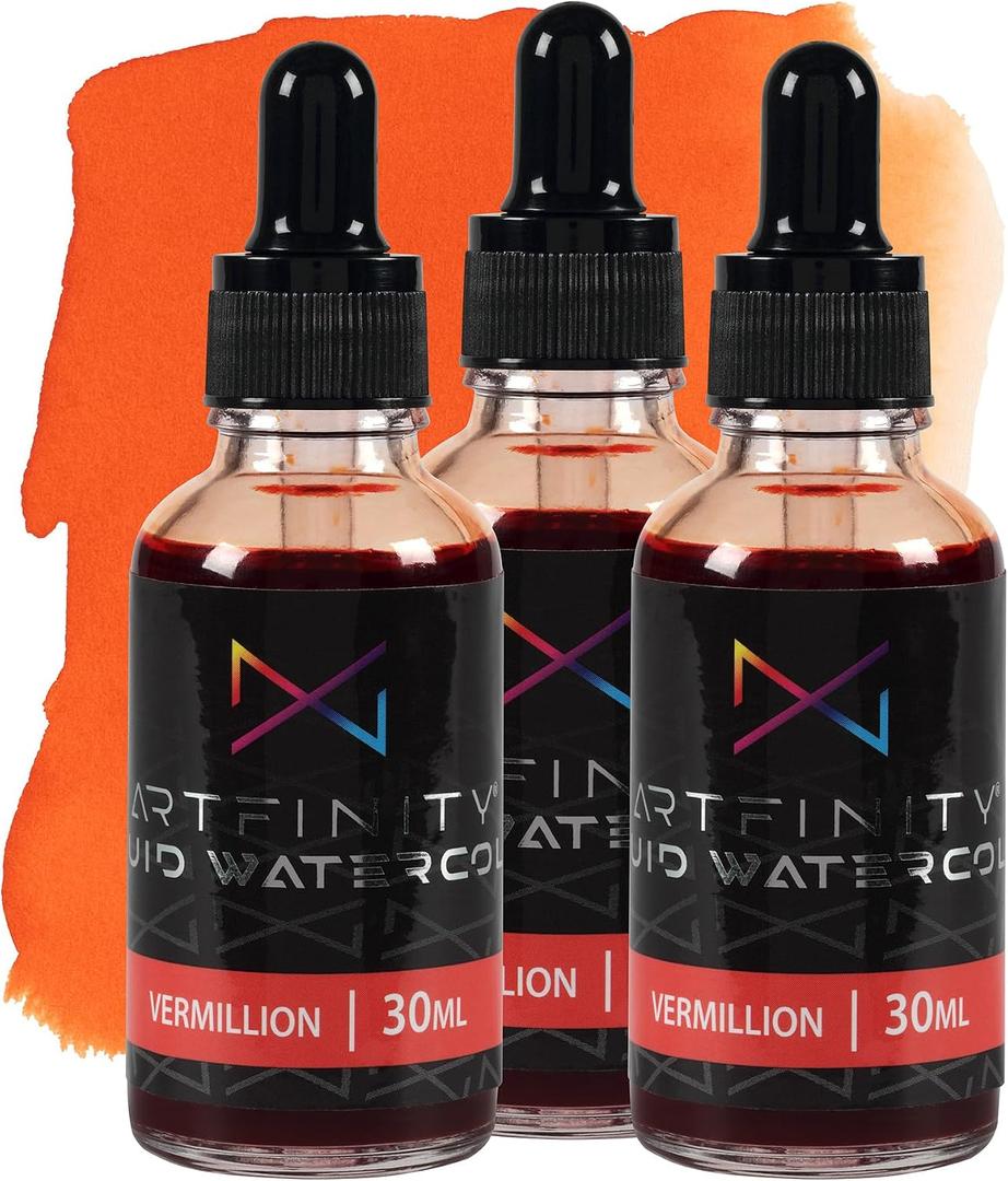 Artfinity Liquid Watercolor Paint 30 ml Bottle - 3 Pack, Vermillion - Vibrant Dye-Based Liquid Watercolor w/Glass Pipette, Fast-Drying, Fine Art Paint for Calligraphy, Airbrushing & Traditional Art