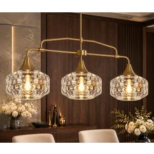 DSMJFU Vintage 3-Light Brass Kitchen Island Lighting with Hammered Glass Height adjustable,3 Light Kitchen Island Light Fixture, Glass Dining Room Chandelier, Gold Kitchen Hanging Light Fixtures