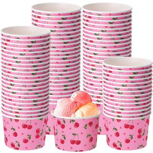 50 Pack Cherry Treat Snack Cups Red Cherry Heart Ice Cream Paper Cups 9 oz Fruit Disposable Dessert Bowls for Hot or Cold Food Summer Sweet First Birthday Baby Shower Party Supplies