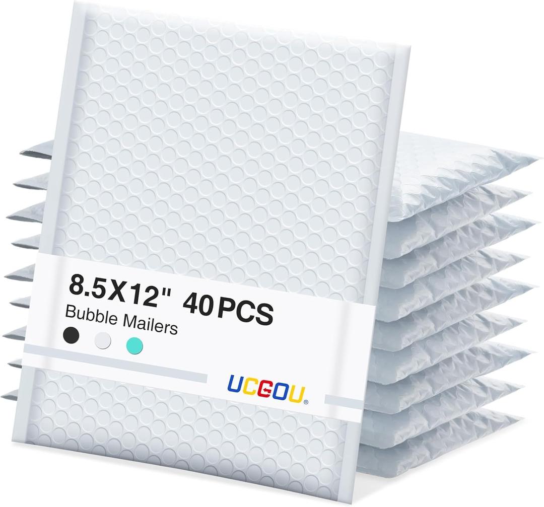 UCGOU Bubble Mailers 8.5x12 Inch 40 Pack Usable Size 8.5x11 Inch White Padded Envelopes Medium Waterproof Packaging Bags for Shipping Self Seal Strong Adhesive Envelopes for Jewelry Makeup Supplies