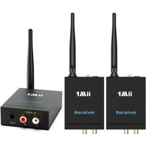 1Mii 2.4GHz (1 TX + 2 RX) Wireless Audio Transmitter and Receiver for TV, 20ms Ultra Low Delay RCA Out/in, 320 ft Range Wireless Adapter for Subwoofer to TV/PC/CD Player, 2 Receivers for Two Speakers
