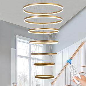 XGZLLIGHTING 7-Rings Modern LED Chandelier Gold D31.5 Contemporary High Ceiling Foyer Chandeliers Large with Remote Entryway for Living Room Entrance Staircase, 3000K-6000K
