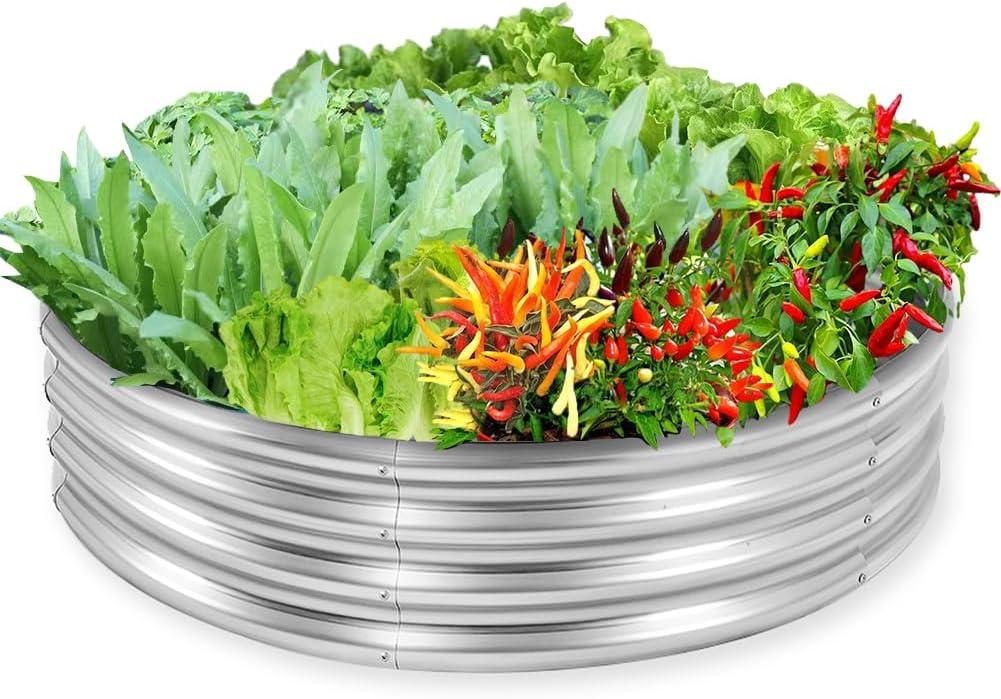 4 ft Galvanized Steel Round Raised Garden Bed, Large Outdoor Metal Planter Box Big Flower Plant pots for Patio Backyard Porch Deck Planting Flowers Vegetables and Herbs (Silver, 4 ft)