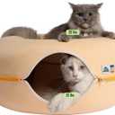 Cattasaurus Peekaboo Cat Cave Donut for Multiple & Large Cats up to 30-45 lbs, 3-in-1 Self Warming Cat Bed, Tunnel & Scratcher for Indoor Cats, Washable & Detachable Dog Bed (Pastel Macaron, Large)