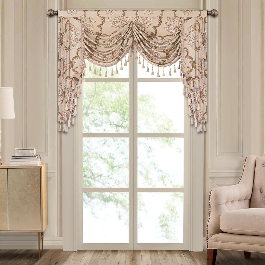 Loom and Mill Jacquard Waterfall Valance for Living Room, Vintage Floral Damask Swag Window Valances with Tassels, Light Khaki Swag Curtains for Bedroom Christmas Banquet Decoration(W59Inch,1 Panel)